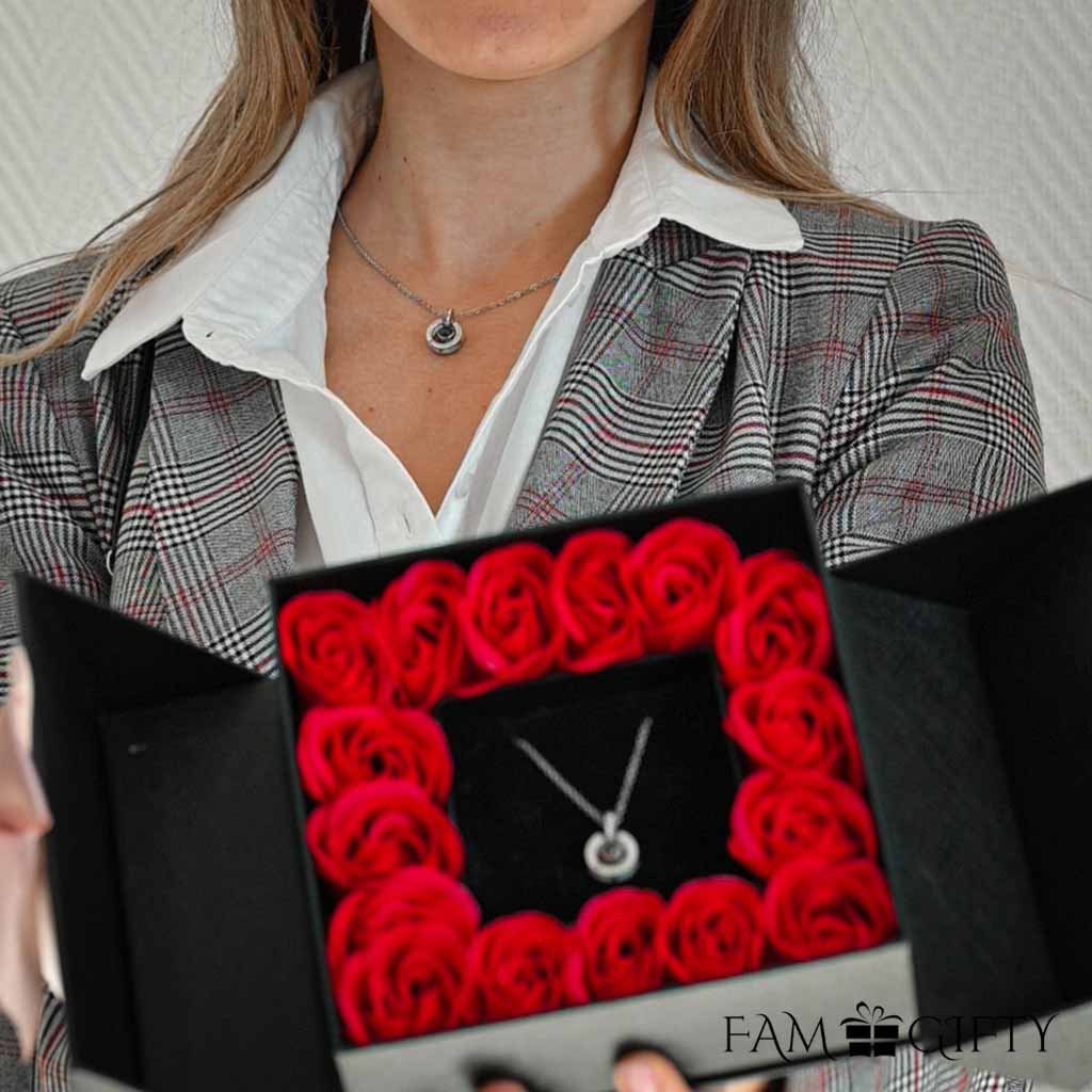 16 Mini Roses Jewelry Box with Love Necklace Set