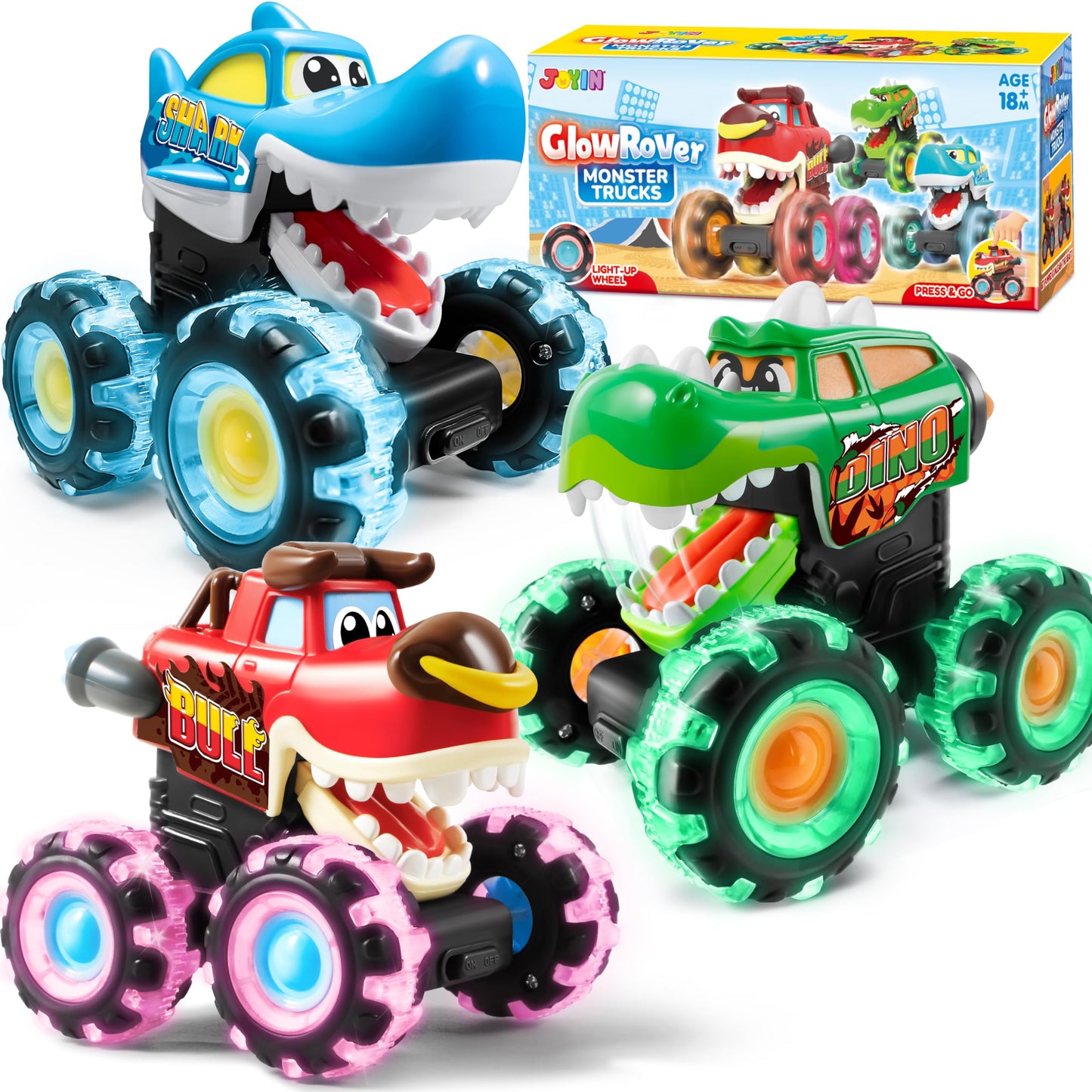 3 Pack Monster Truck Toy - Motion Activated Light Up Cars
