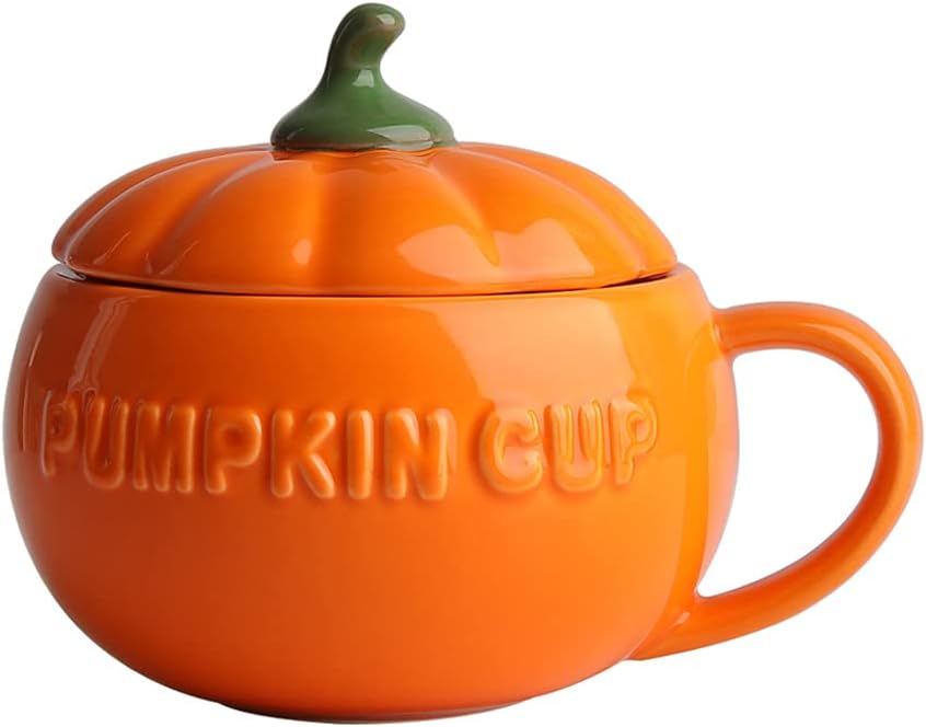 Cute Pumpkin Cup Ceramics ffee Mug Milk Soup Breakfast Novelty Personalised Cartoon Cup with Lid, 10.1 ounce