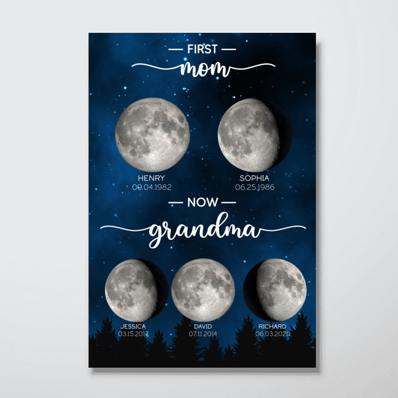 Personalized Poster, First Mom Now Grandma Birth Moon Phase  Mother's Day Gift