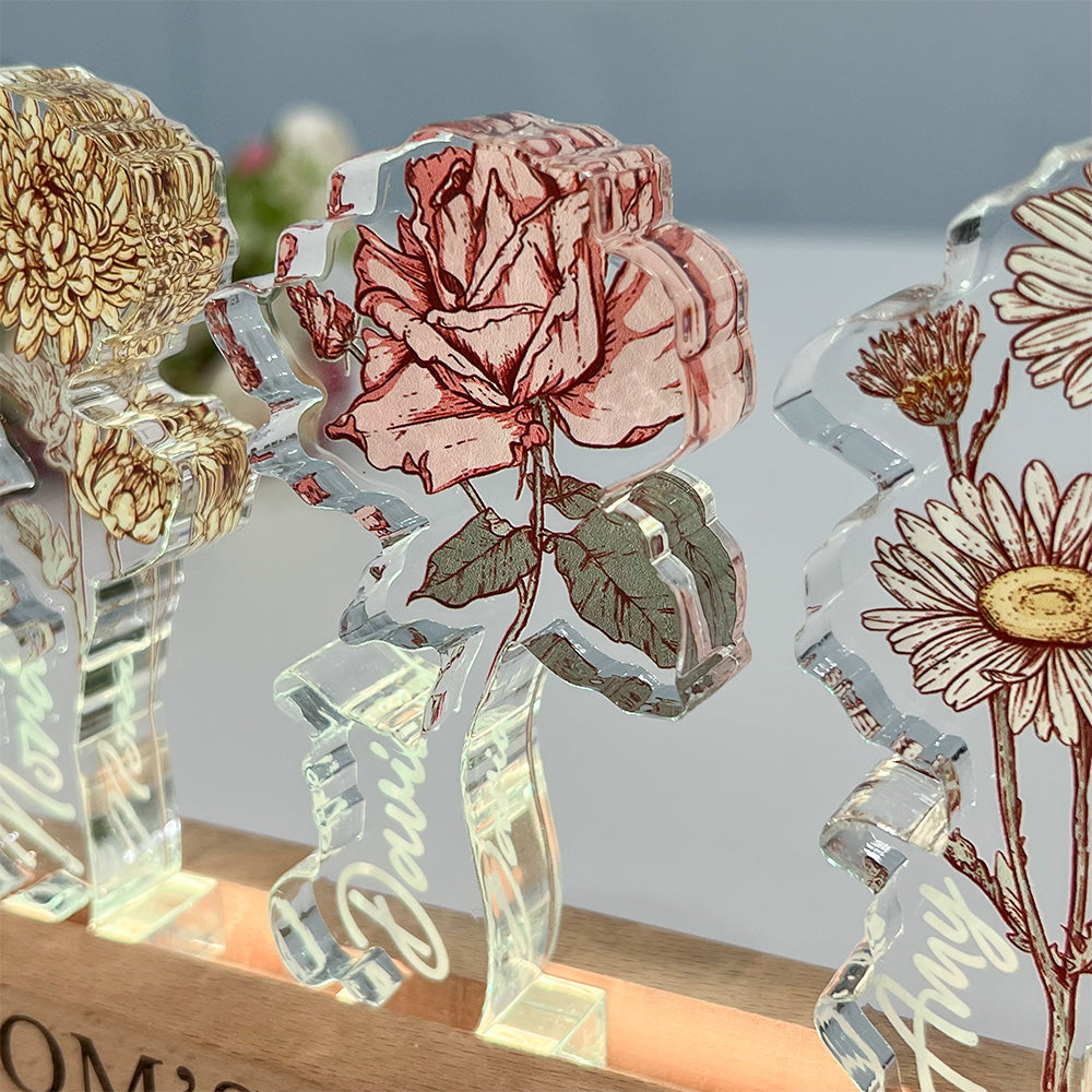Personalized Birth Flower 3D Crystal Acrylic LED Light With Children's Names