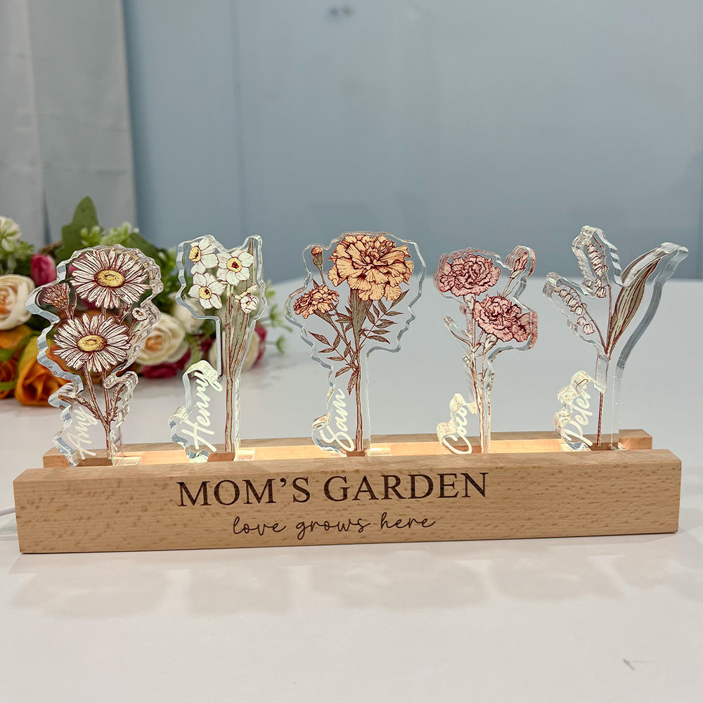 Personalized Birth Flower 3D Crystal Acrylic LED Light With Children's Names