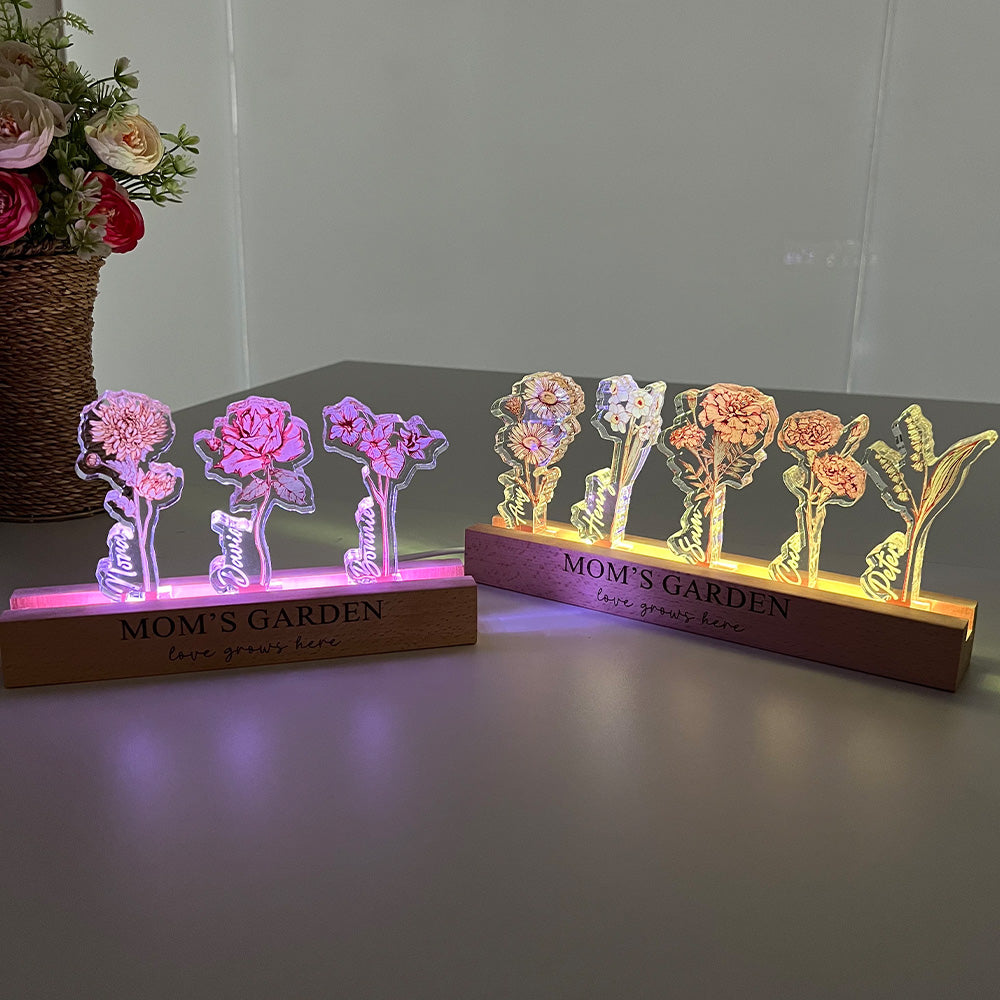 Personalized Birth Flower 3D Crystal Acrylic LED Light With Children's Names