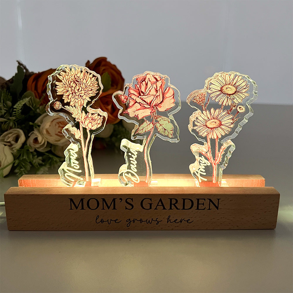 Personalized Birth Flower 3D Crystal Acrylic LED Light With Children's Names