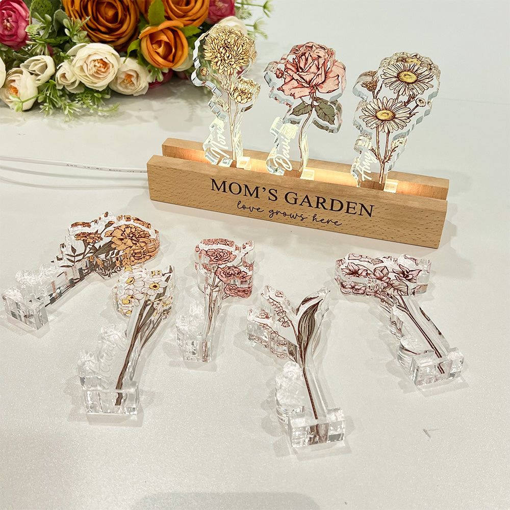 Personalized Birth Flower 3D Crystal Acrylic LED Light With Children's Names