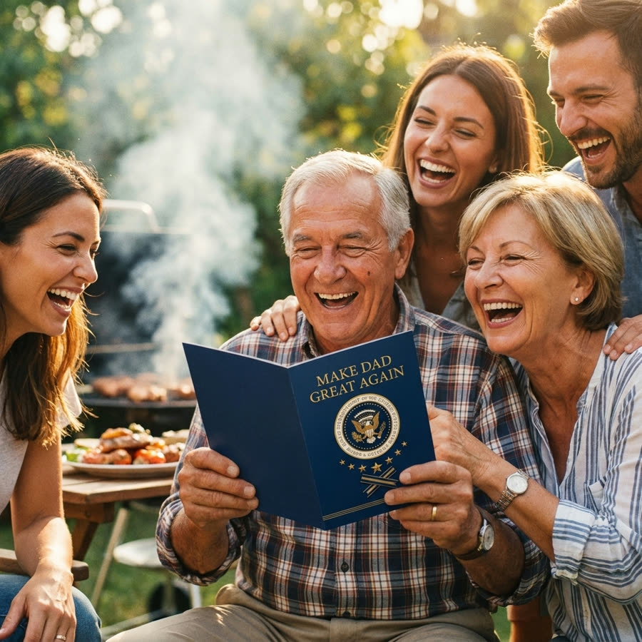 Family laughing at the card
