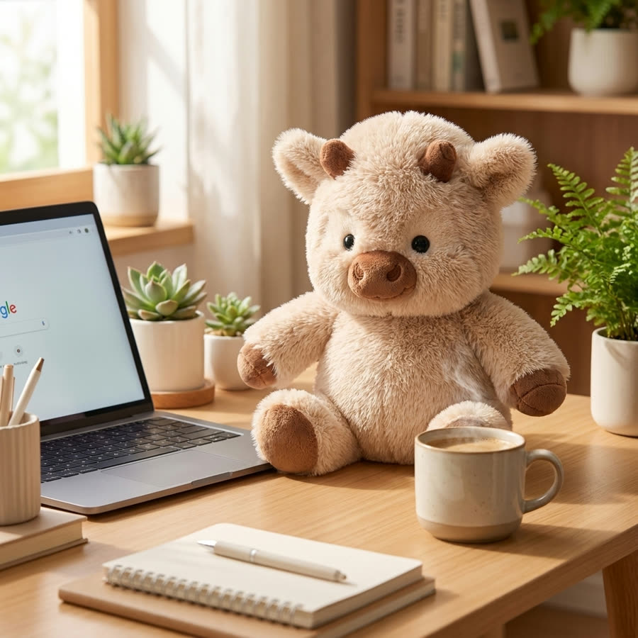 The cow plush as a cozy desk companion