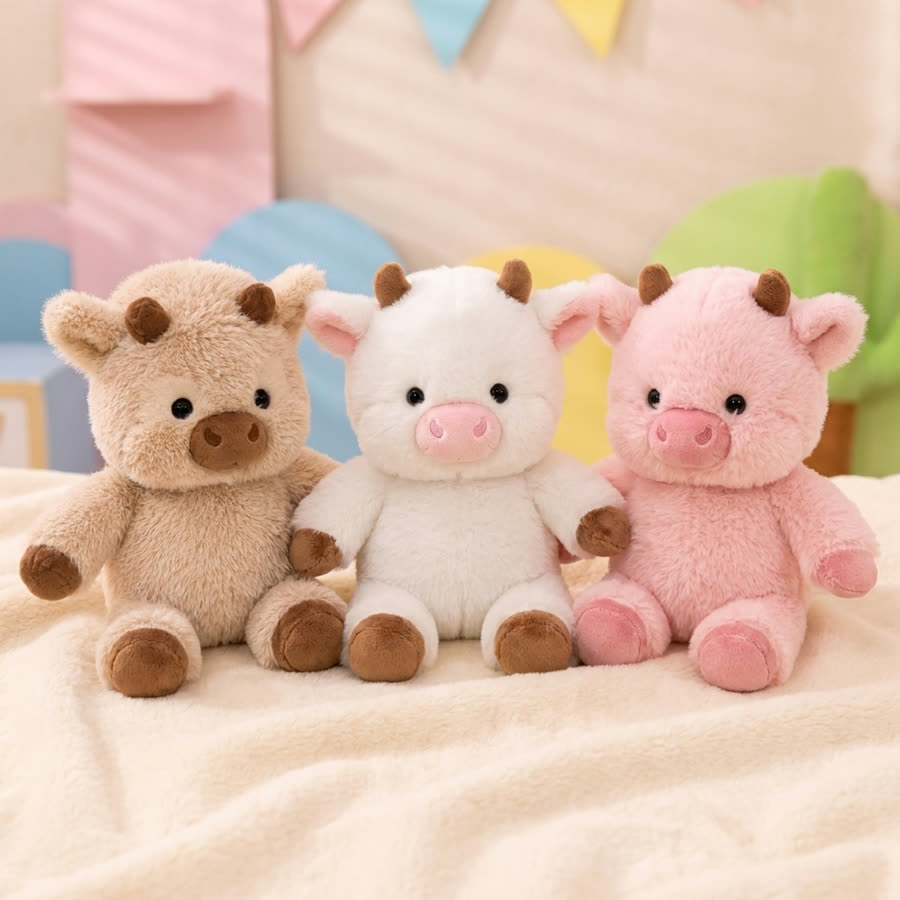 Light brown, white and pink running cow plushies