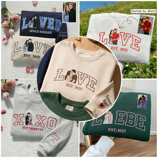 Personalized Embroidered Photo Couple LOVE EST Year Sweatshirt/Hoodie