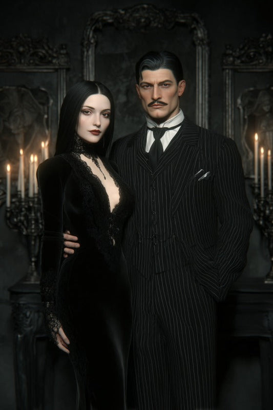 Lovers in the Dark: Morticia & Gomez Inspired Custom Portrait from Photo