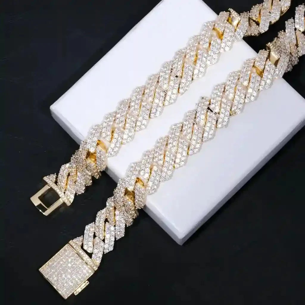 19mm 2-Row Iced Prong Cuban Chain In 18K Gold