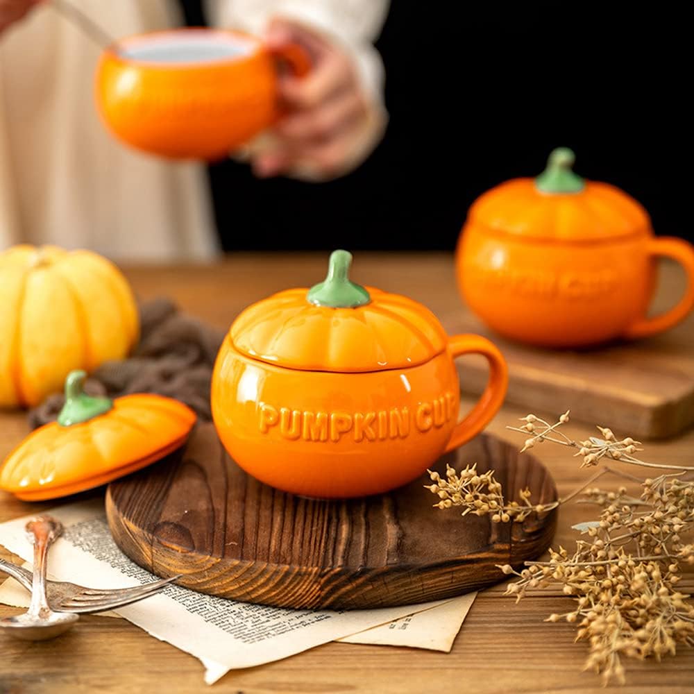 Cute Pumpkin Cup Ceramics ffee Mug Milk Soup Breakfast Novelty Personalised Cartoon Cup with Lid, 10.1 ounce