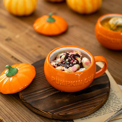 Cute Pumpkin Cup Ceramics ffee Mug Milk Soup Breakfast Novelty Personalised Cartoon Cup with Lid, 10.1 ounce