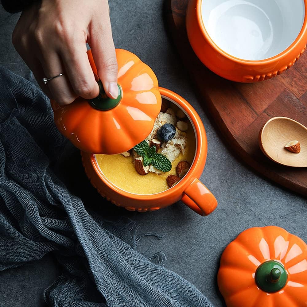 Cute Pumpkin Cup Ceramics ffee Mug Milk Soup Breakfast Novelty Personalised Cartoon Cup with Lid, 10.1 ounce