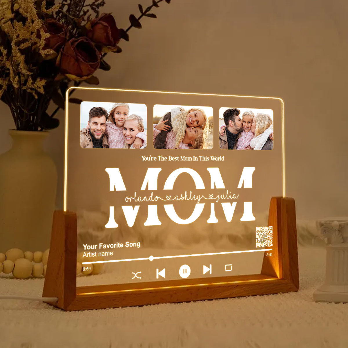 Personalized Photo LED Night Light, Mother's Day Gift for Mom, Scannable QR Code