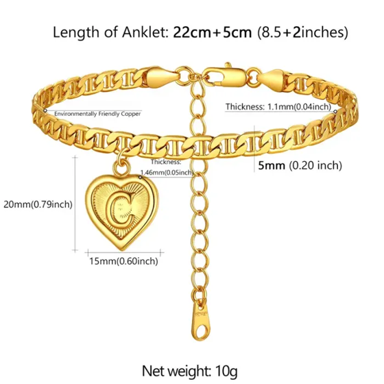 Personalized Initial Heart Charm Anklet